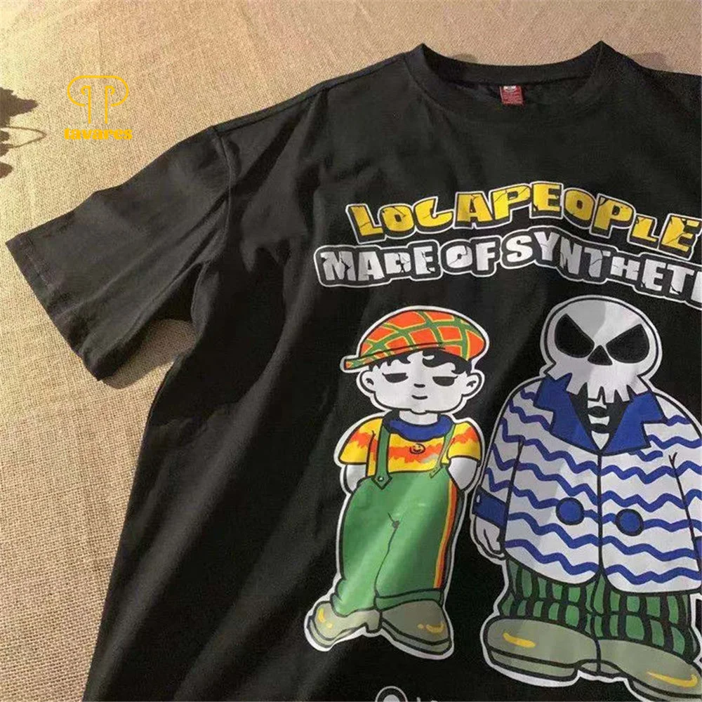 

TAVARES Men Short Sleeve Students Hot CEC Retro Cartoon Print Summer Round neck Casual Cotton T-shirt Breathable Loose Clothes