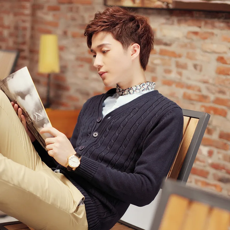 Весенне-осенний мужской однотонный кардиган с v-образным вырезом корейский стиль