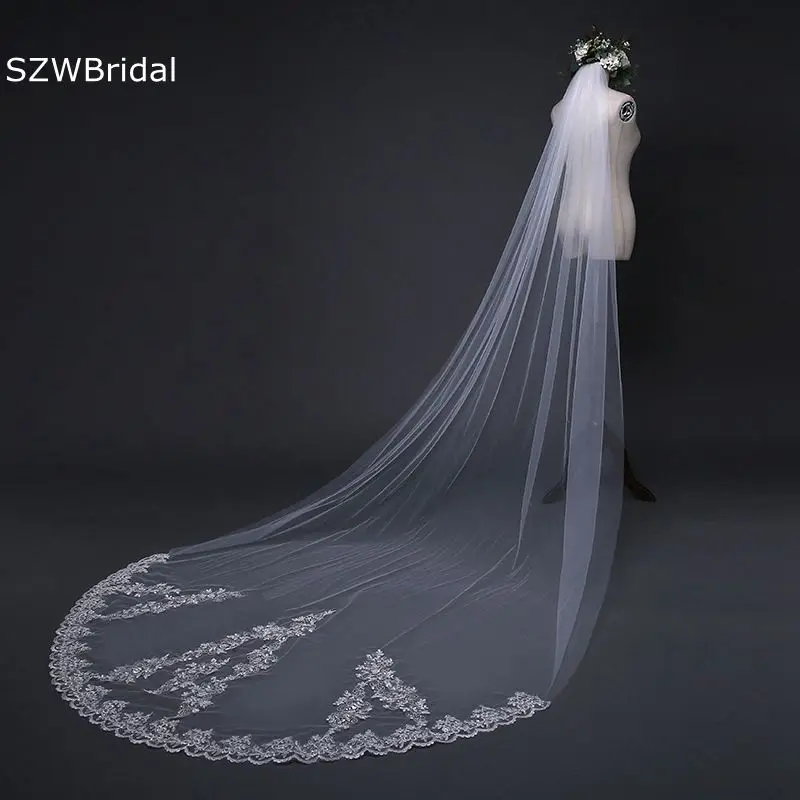 

New Arrival Ivory Cheap Wedding Veils Long Lace Appliques Boda Bridal accessories Sexy Bride veil Veu de noiva longo