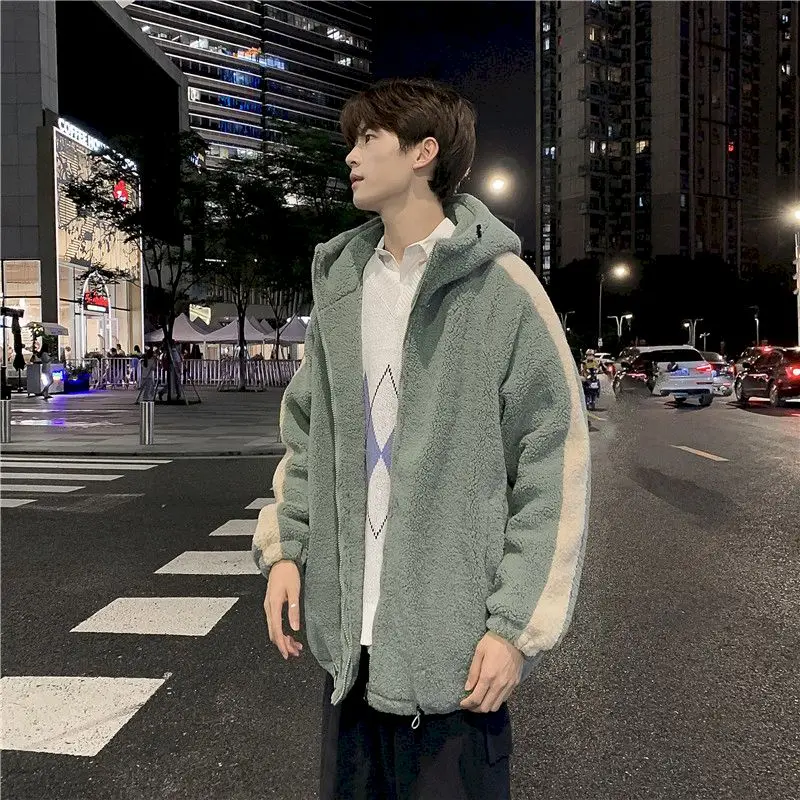 

2021 New Autumn And Winter New Loose Hooded Lambs Wool Jacket Men Korean Style Hong Kong Style Coat Men Fashion Clothing Trends