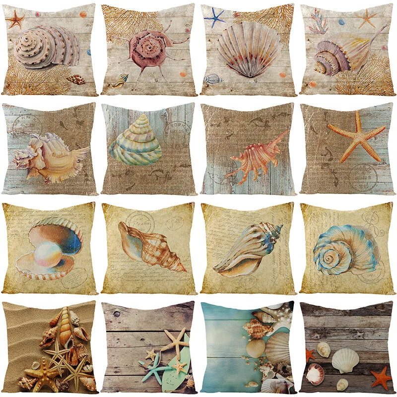 

2021 New Retro Style Conch Shell Printing Linen Pillow Case Seaside Scenery Seat Cushion Cover for Car Home Decor Decorative Hot