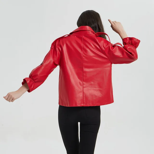 

High Quality Faux PU Leather Jacket Women Motorcycle Biker Loose Casual Fashion Red Black Coat Lady Spring Autumn Outwear Tops