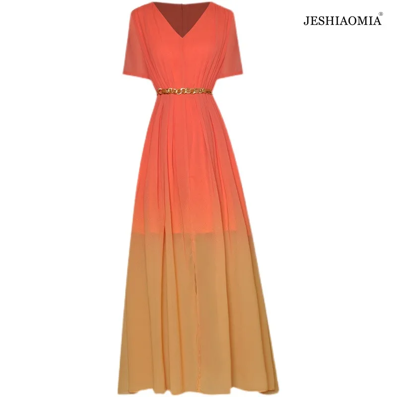 

JESHIAOMIA- 2021 V Neck Short Sleeve Print Belted Midi Dress