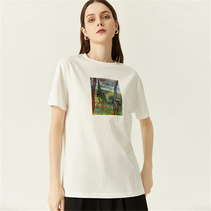 

Women's Cotton Short Sleeve T-Shirt Versatile Straight Tube Forest Printing Round Neck Casual Pullover Summer New 2021