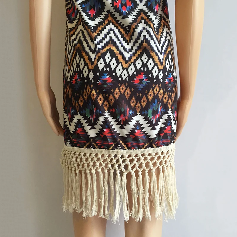 

Women Boho Style Summer Loose Sexy Dresses Backless Strapless with Diamond Print Halter Sexy Backless Tassel Fringe Dress