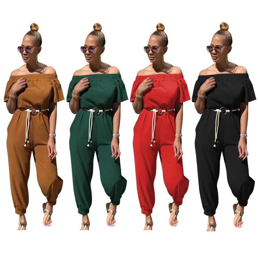 

Zatna Solid Color Quick-drying Cloth Shoulder Jumpsuit With Belt Women Casual 2 pcs/set Short T Shirt&Pants Sports Suit Romper