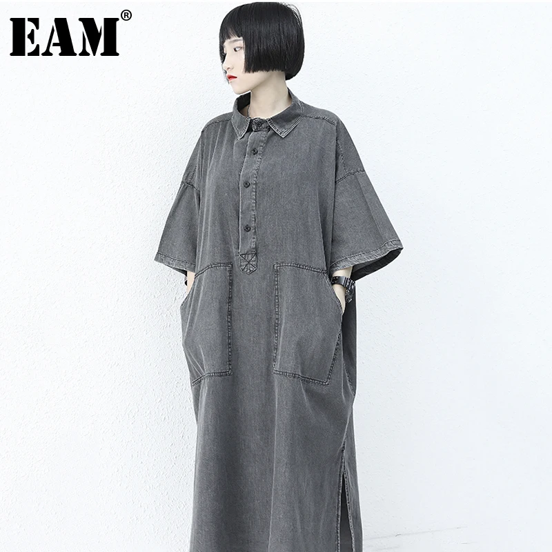 

[EAM] Women Big Size Gray Single Breasted Pockets Denim Dress New Lapel Three Quarter Sleeve Loose Fashion Summer 2022 1DD6825