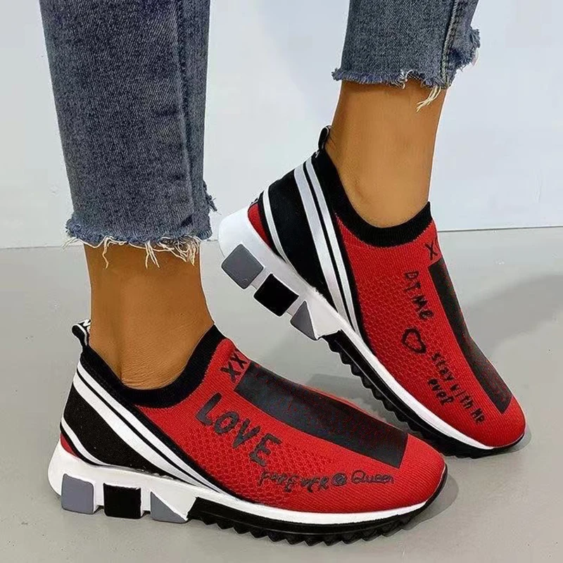 

Women Sneakers Printed Knitting Trainers Slip on Walking Breathable Thick Bottom Running Female Luxury Casual Designer Shoes