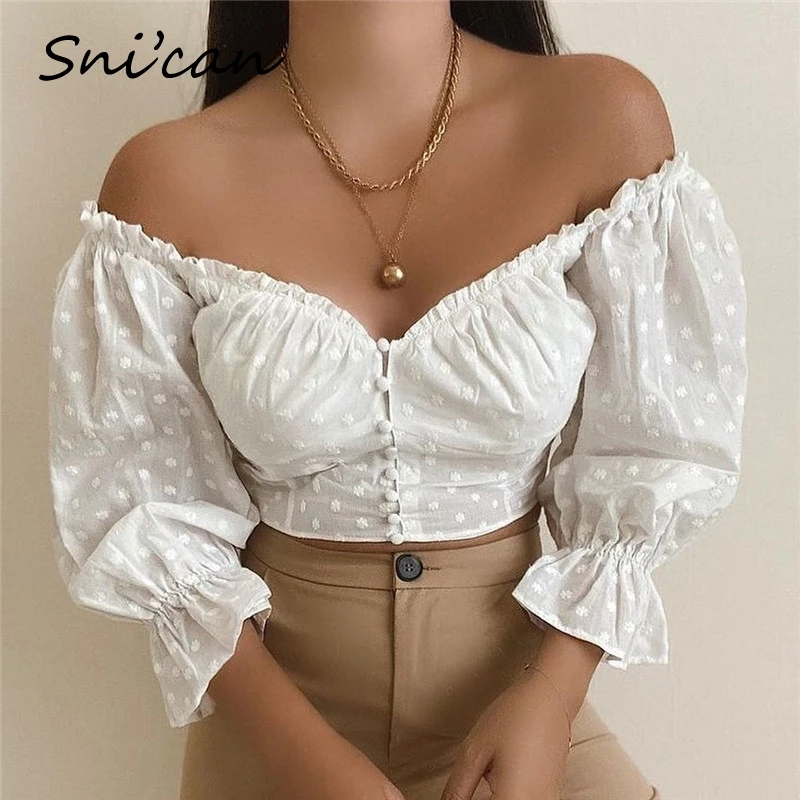 

White V Neck Flare Sleeve Sexy Blouse Ladies Za Women Dots Embroidery Chic Tops Chemisier Femme Summer Blusas Blancas De Mujer