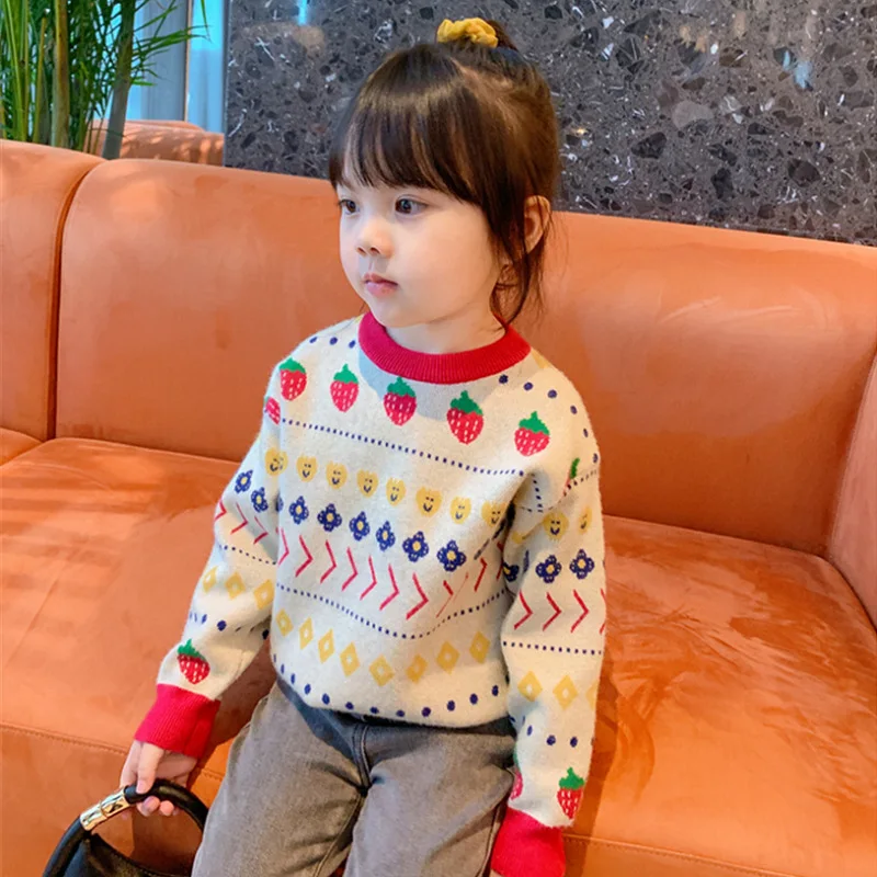 

Sweater O-neck Collar Full Sleeve Floral Pullover Cotton New Fashion Warm Cute Simple Comfortable Winter Autumn Kids Girls