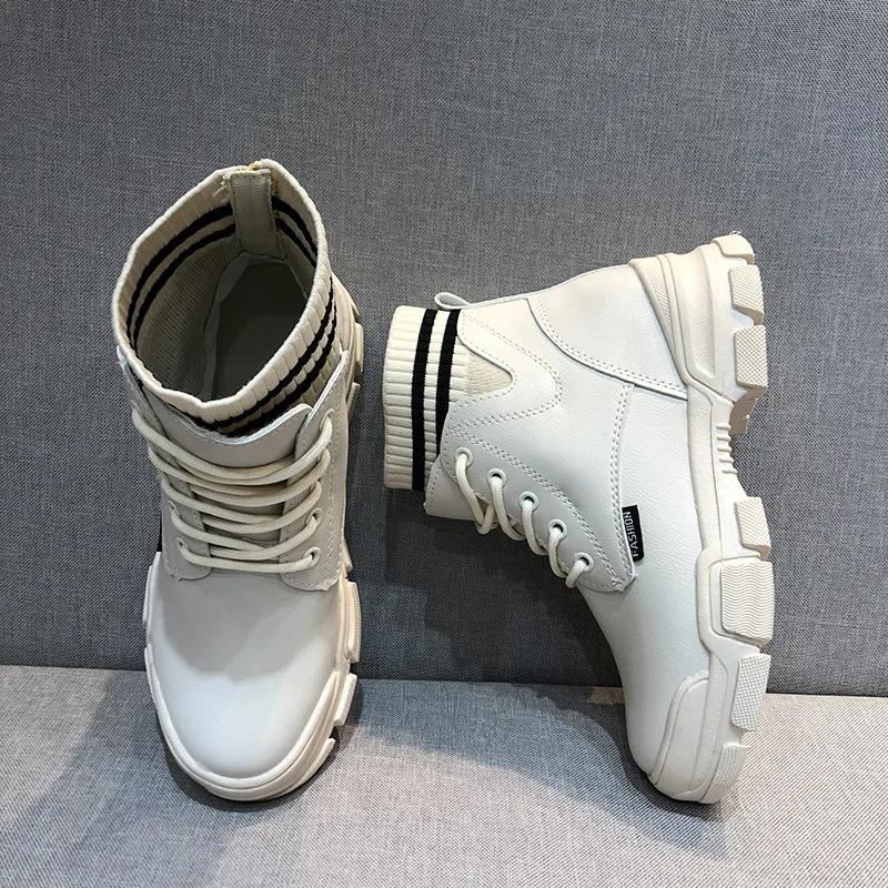 Модные белые ботинки Женские ботильоны на толстой платформе в байкерском стиле