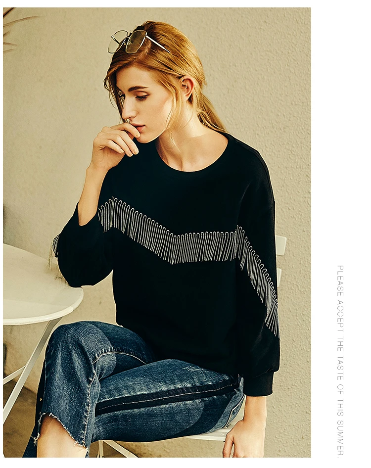 L~ 4XL 5XL Beadings Tassel Women Cotton Sweatshirt Black Long Batwing Sleeve Tee Shirt Big Size Ovesize Casual Tops AOFULI A4074