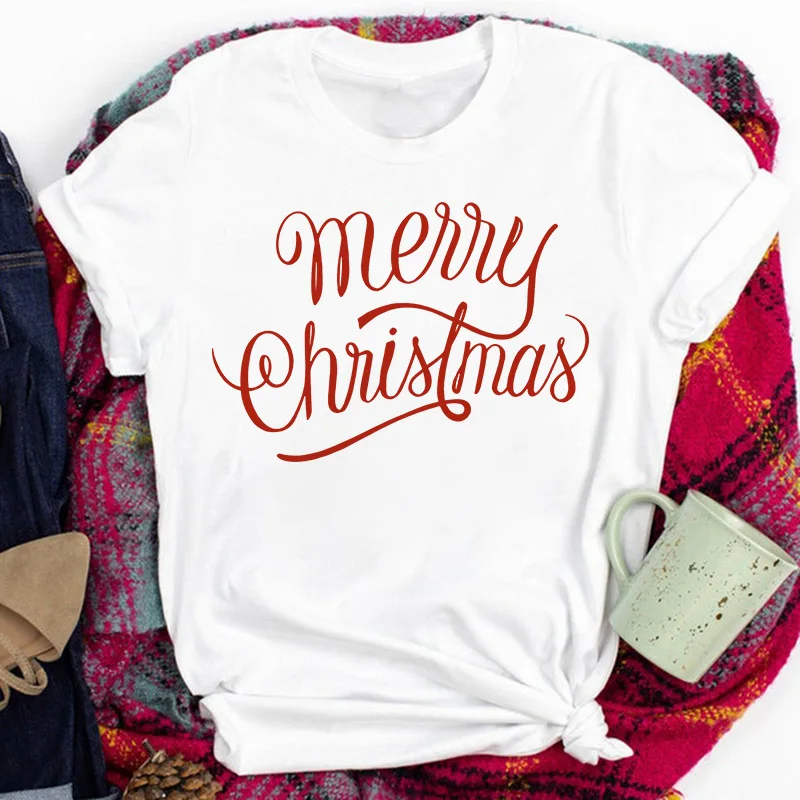 

Новое поступление, женская футболка с надписью "Merry Christmas", женская футболка из полиэстера с коротким рукавом и круглым вырезом, женская футб...