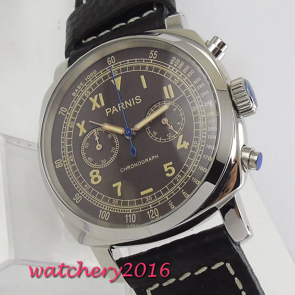 44 мм parnis коричневый циферблат твердый корпус секундомер часы Полный Хронограф