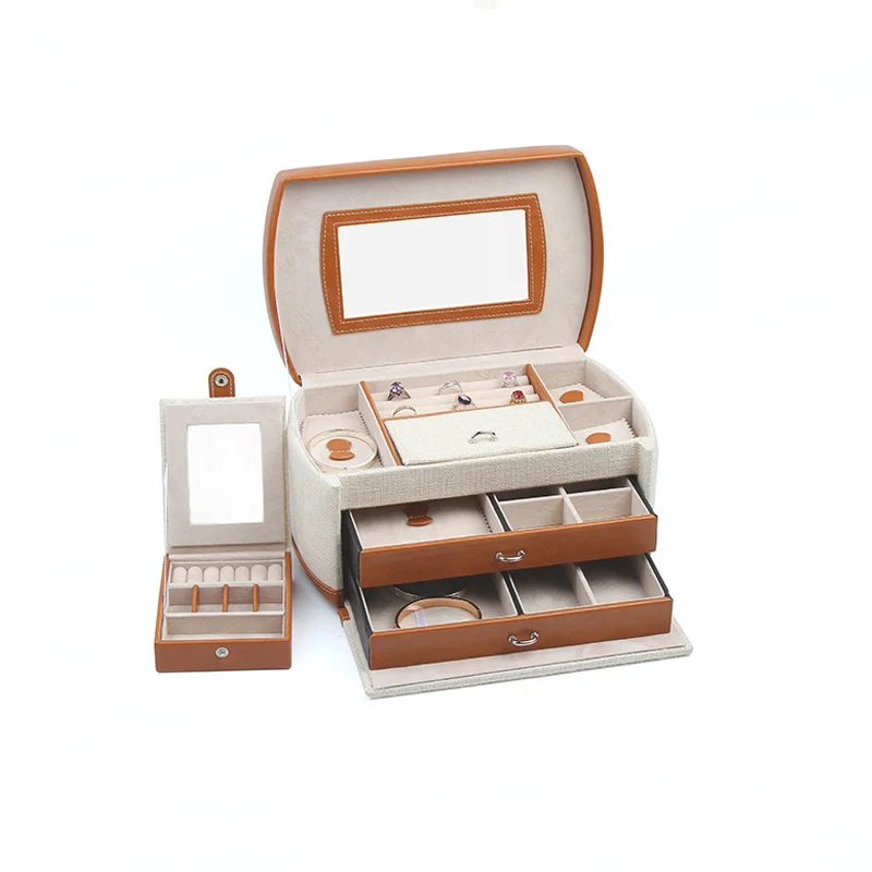 High Level PU Jewelry Storage Box Three-layer Double Drawer Small Item Storage Box Can Be Portable Jewelry Box Portable Travel