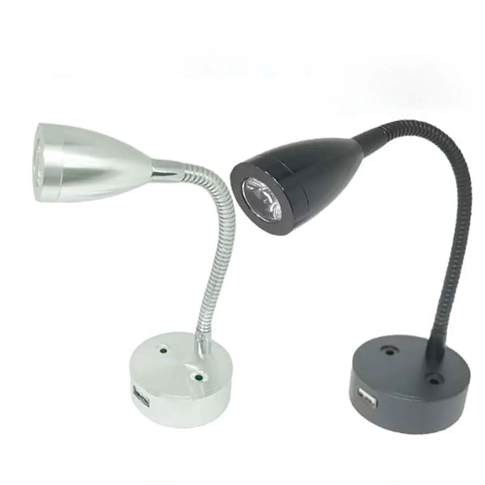 

New 12V 24V Smart Touch Dimmable Flexible LED Reading Light Gooseneck Wall Lamp For Motorhome Yacht Cabin with USB Charger Port