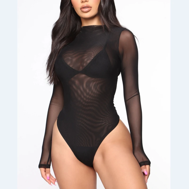 

Sexy Women Long Sleeve Black Sheer See Through Bodysuit High Cut Leotard Thong Clubwear Jumpsuit Romper