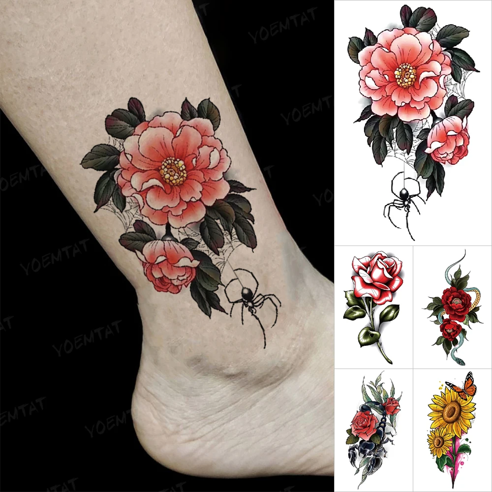 

Waterproof Temporary Tattoo Stickers Rose Peony Flower Sunflower Spider Snake Scorpion Animal Tattoos Women Men Body Art Tatoo