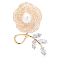 wulibaby shining crystal flower brooches pins for women pearl new design party office brooch pins jewelry gifts
