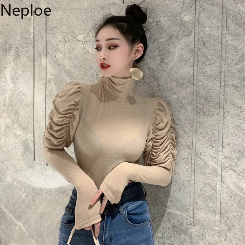Neploe Turtleneck Solid Pleated Puff Long Sleeve Bottom T Shirt Fashion Slim Fit Autumn Spring 2020 New Tees Soft Wild Lady Top | Женская