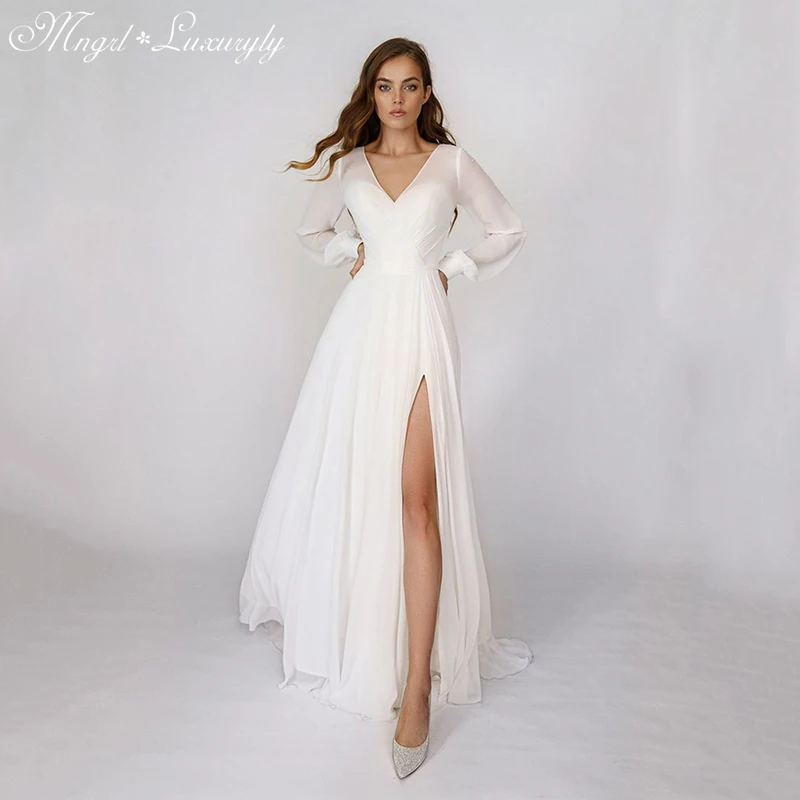 

Luxury A-Line Chiffon Wedding Dresses Long Sleeve Charming Gowns V Neck Sexy High Split vestidos de novia Tailor-Made