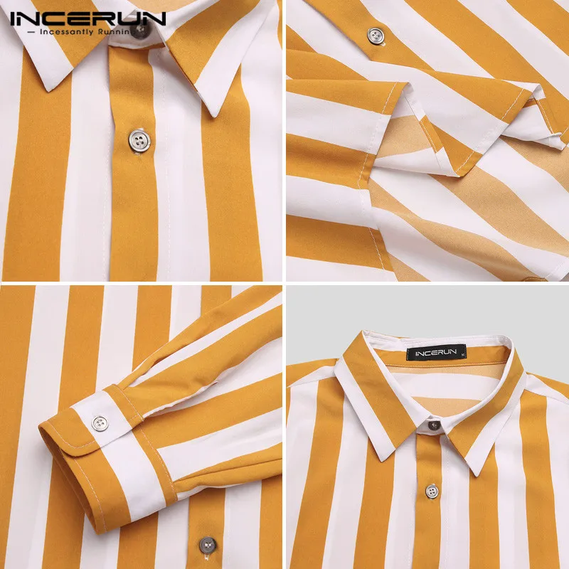 

INCERUN 2021 Men Striped Shirt Turn Down Collar Long Sleeve Button Streetwear Casual Blouse Spring Chic Camisa Masculina S-5XL