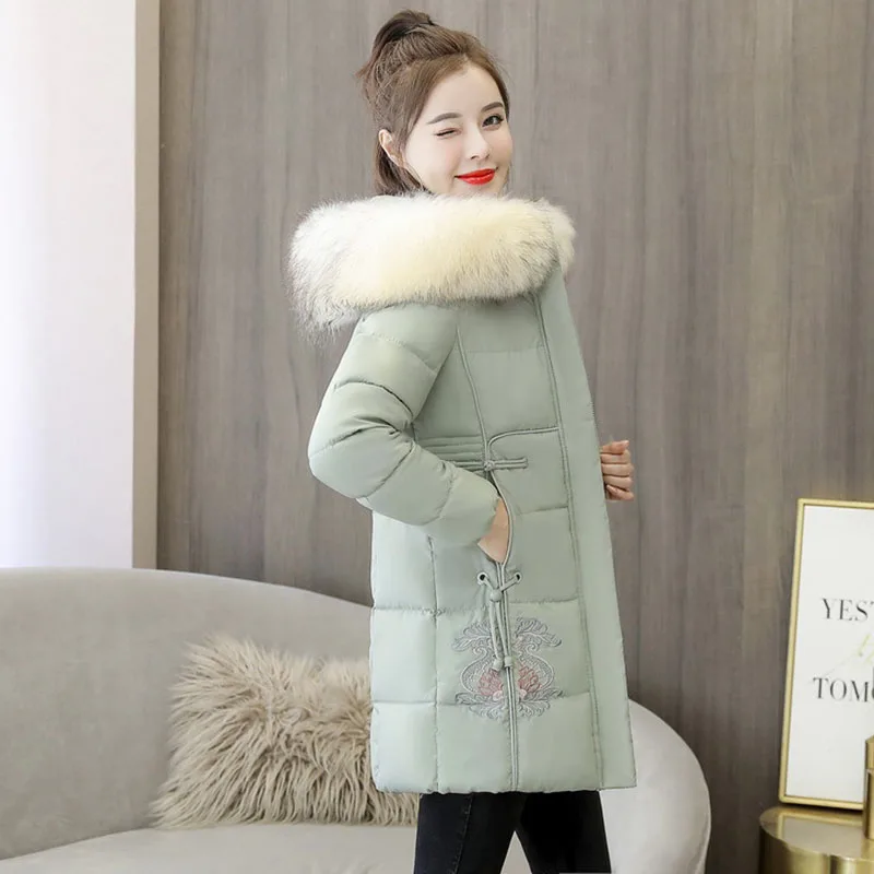 Women Parkas 2021New Winter Fashion Womens Cotton Jackets Loose Warm Hooded Big Fur Collar Print Women Down Cotton Coat NBH188