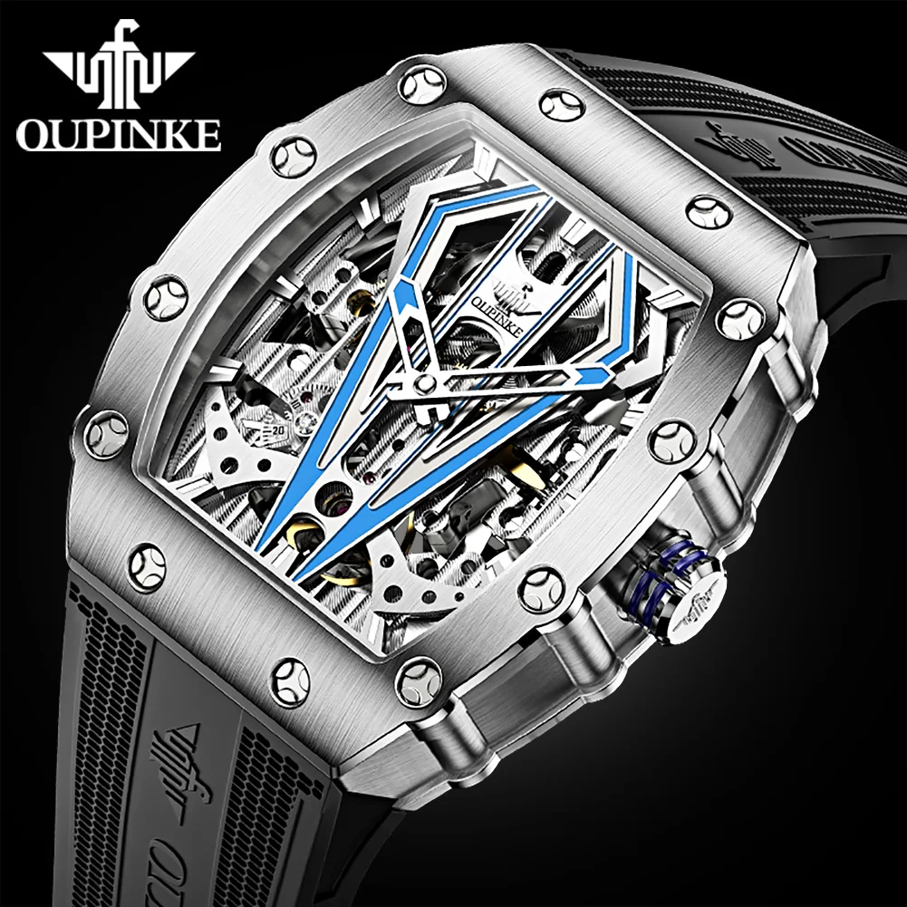 

2021 OUPINKE New Tonneau Men Automatic Mechanical skeleton Black watch Silicone Strap Sapphire Crystal Wristwatch Reloj hombre