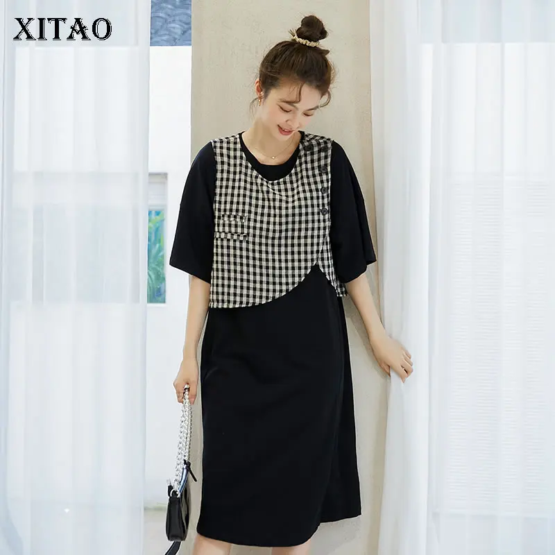 

XITAO Solid Black Casual Dress Collocation Lattice False Two Pieces Women Summer New Fashion Loose Simplicity Trendy CLL1717