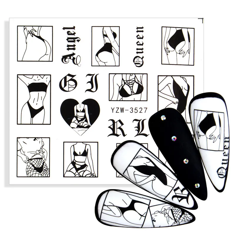 Черные переводные наклейки для ногтей с изображением сексуальной леди персонажа