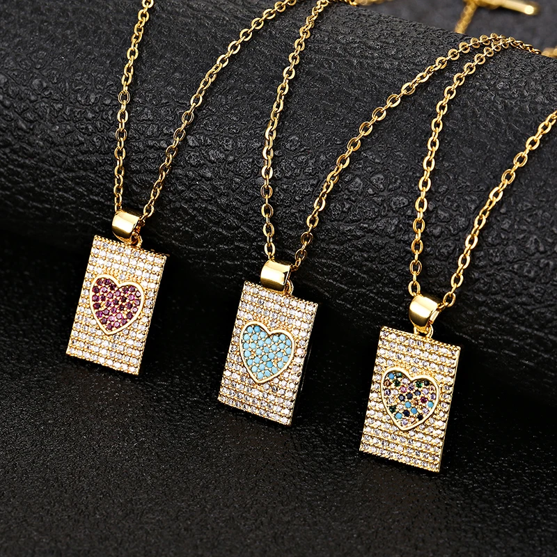 

Fashion Stainless Steel Chain Copper Gold Plated Square Heart Pendant Necklace For Women Charm Female Full CZ Jewelry Necklace