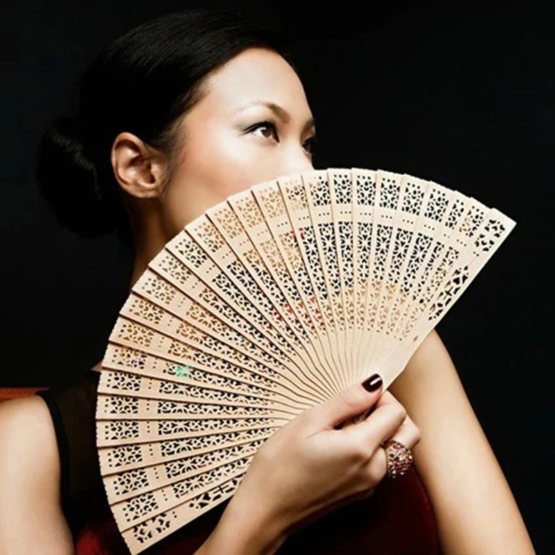 

Chinese Folding Bamboo Original Wooden Carved Hand Fan Fit Wedding Bridal Party