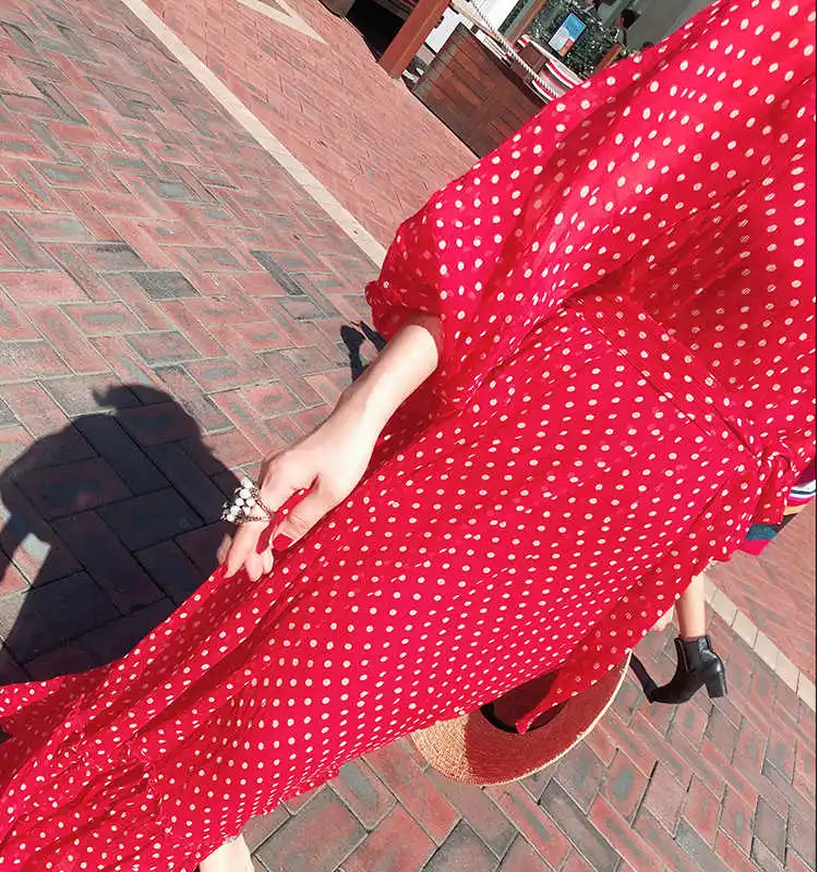 

Ladies Silk Polka Dot Print Long Sleeve Ruffled Neck Red Long Dress With Waist Tie & Ruffle Hem - Matched Lining Top