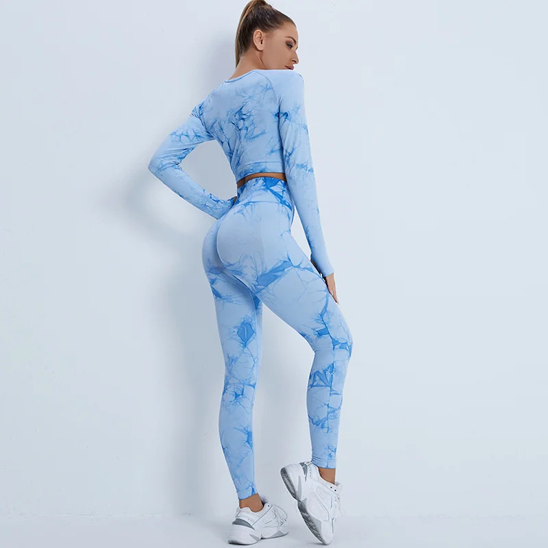 

New Seamless Yoga Suit Long Suit Tie Dyed High Waist Hip Lifting Pants Women Long Sleeve Top Sportswear Two Pieces Set