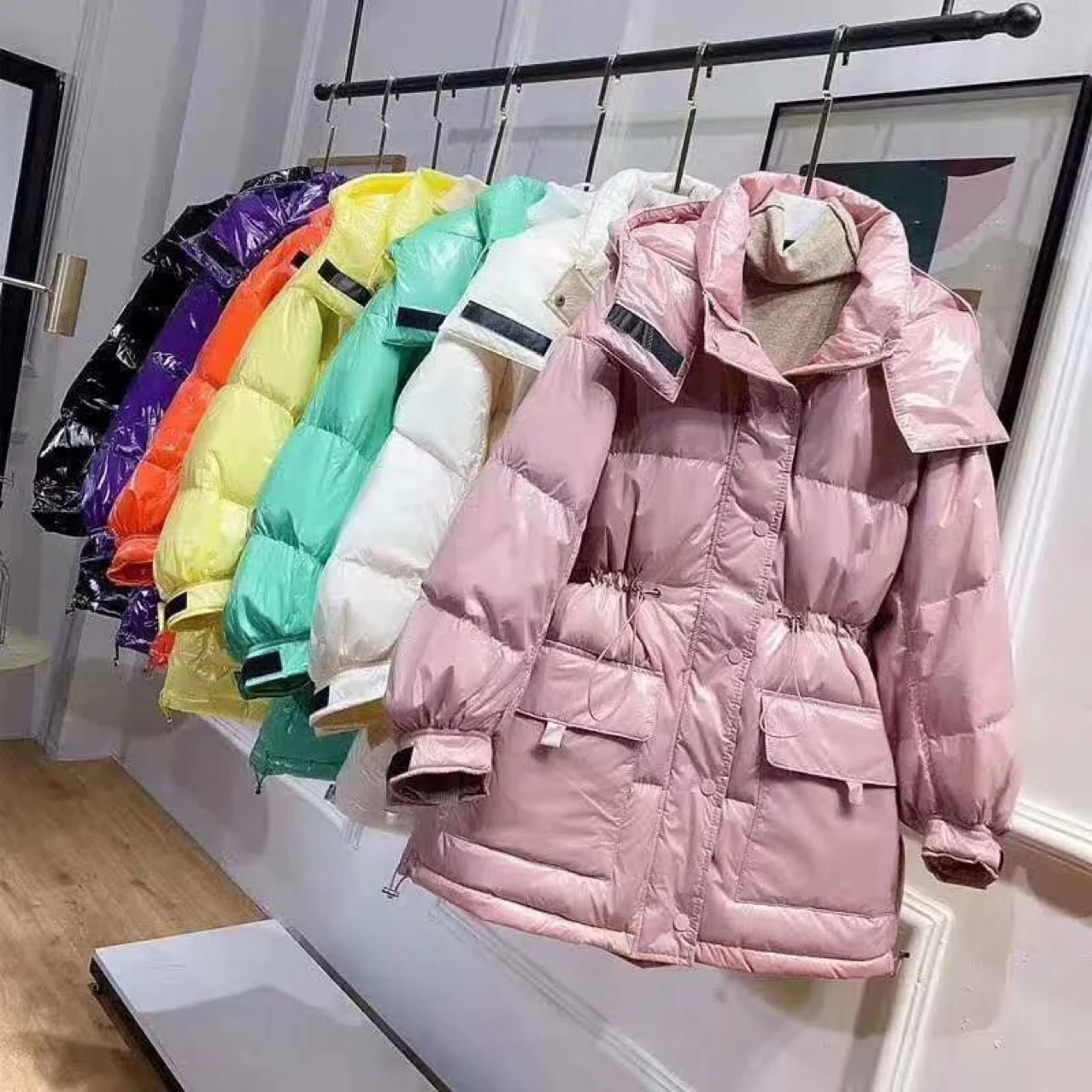 

2020 season down jacket women's wash bright face candy color medium long Korean fashion waist closing white duck down