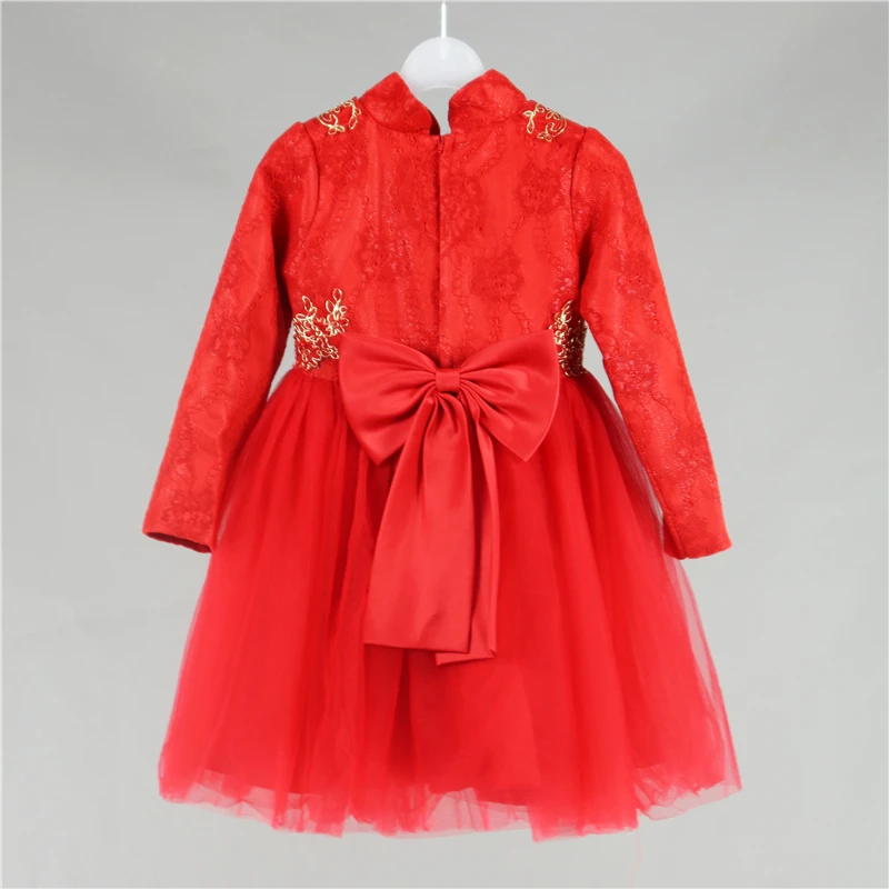Платье для девочек красное платье принцессы с цветочным узором осенне-зимняя