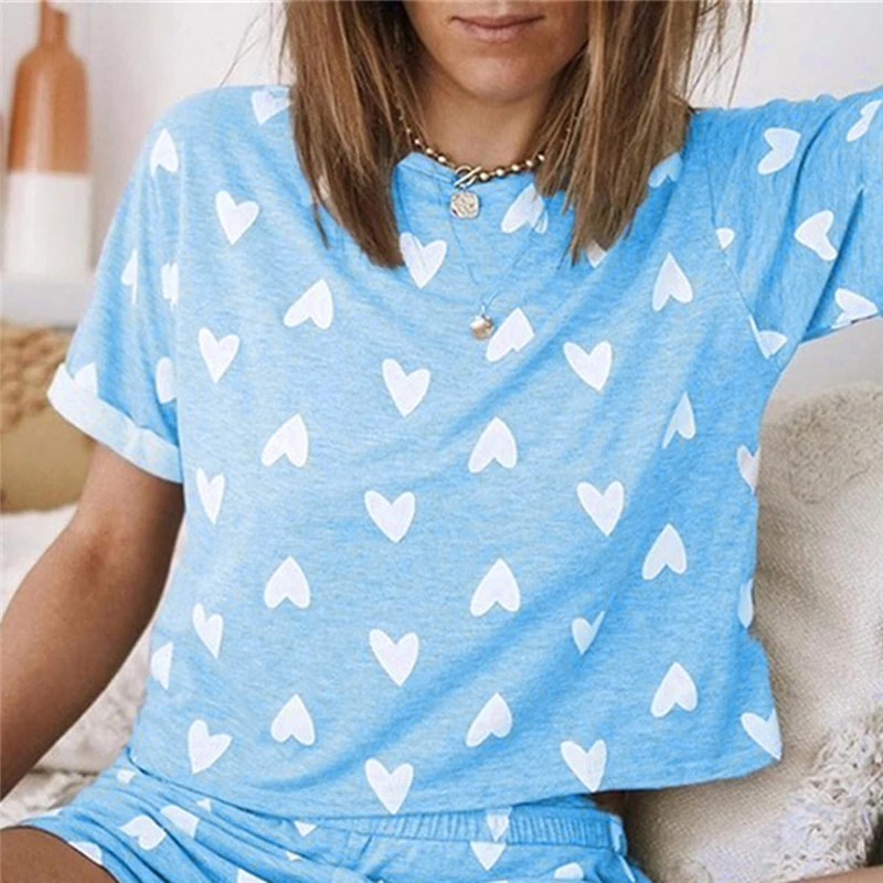 

Women Home Wear Tops Shorts Set Fashion Heart Printed Short Sleeve O-Neck Casual Outfit Tracksuit Set Sleepwear Pajamas Suit
