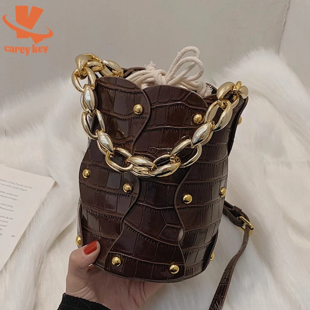 

CAREY KAY Stone Pattern Chain Tote Bucket Bag Fashion PU Leather Women Designer Handbag Rivet Shoulder Messenger Bag