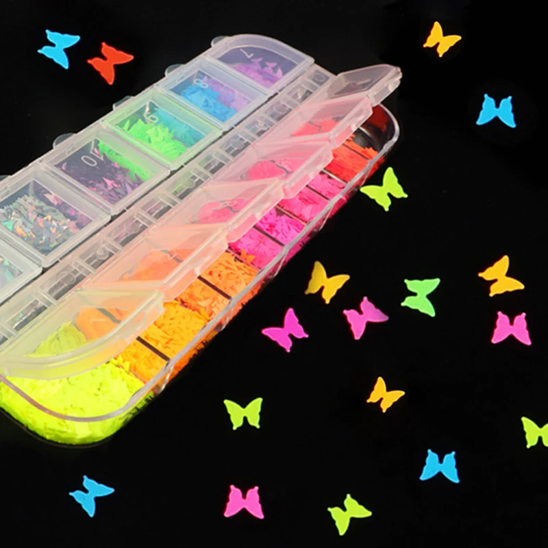 

12 Grid Fluorescent Mixed Color Glitter Flakes Butterfly Star Heart Sequins Epoxy Resin Glitter Clay Filling Nail Art Making DIY