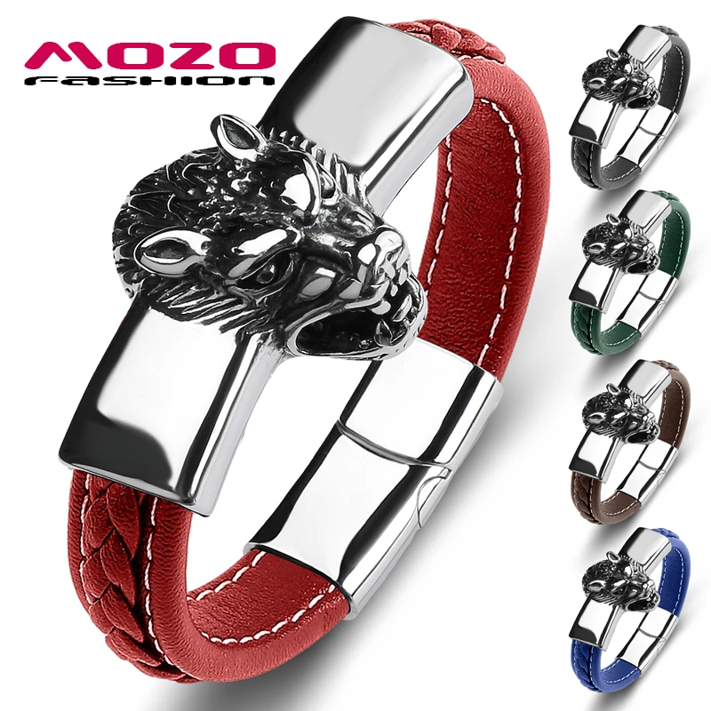 

MOZO Dropshipping 2021 Trendy Men Lion Beast Bracelets Genuine Leather High Quality Bangles Collocation Punk Cuff Jewelry 143