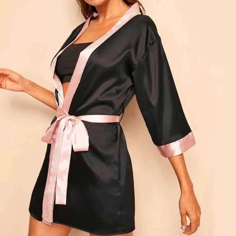 

Pyjamas Women Sleepwear New Women Silk Long Sleeve Satin Pajamas Sleepwear Robe With Belt Bathrobe пижама пижамы