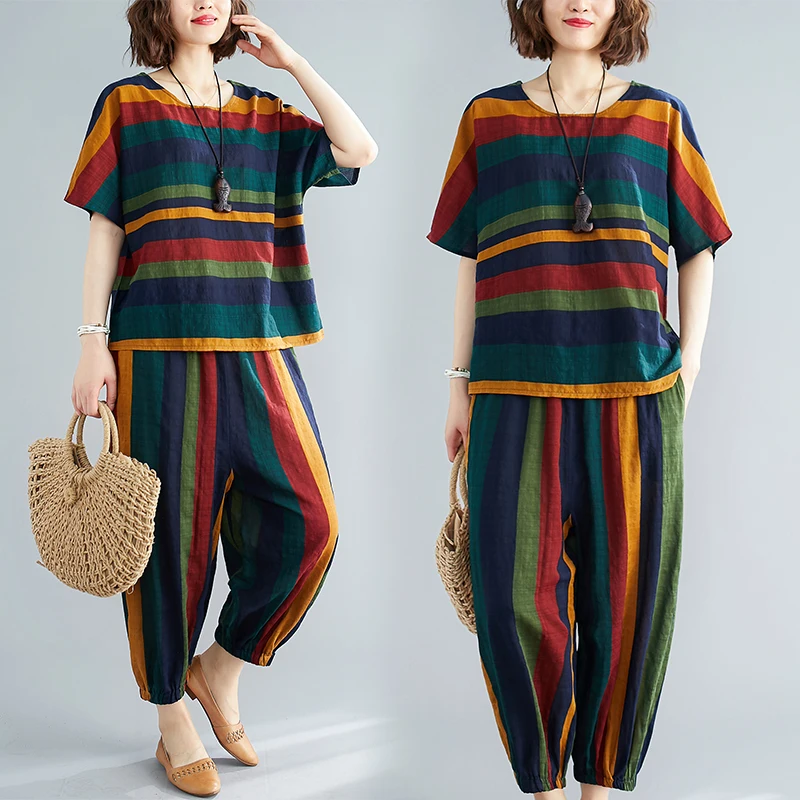 

Cotton Linen two piece set women short Sleeve shirt blouse + casual loose harem pants woman female suit clothes for women