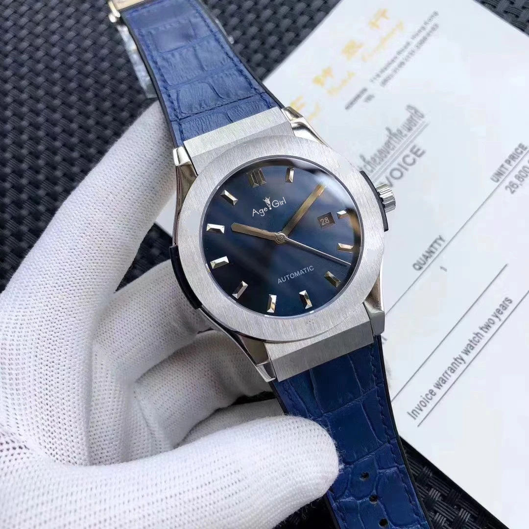 

Luxury Brand New Men Automatic Mechanical Date Watches Blue Black Leather Drive Crystal Sapphire Back See Through Watch AAA+