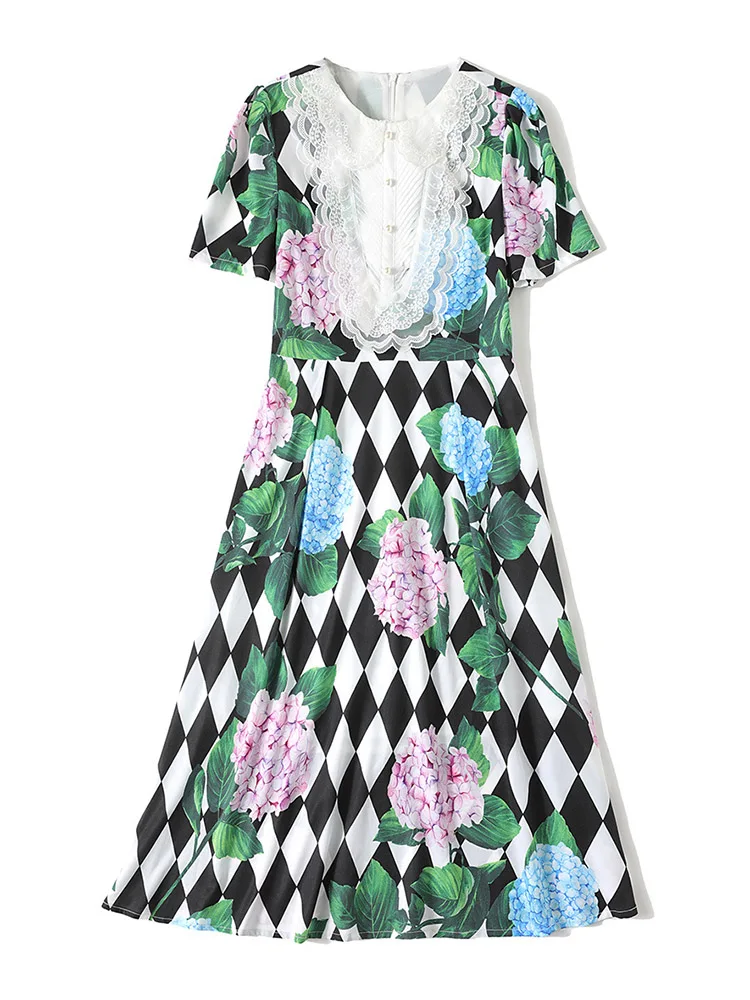 

Embroidery and Printing Dress Peter Pan Collar Short Sleeve Fashion New Women Expansion Dresses Summer Sliming Midi Vestidos