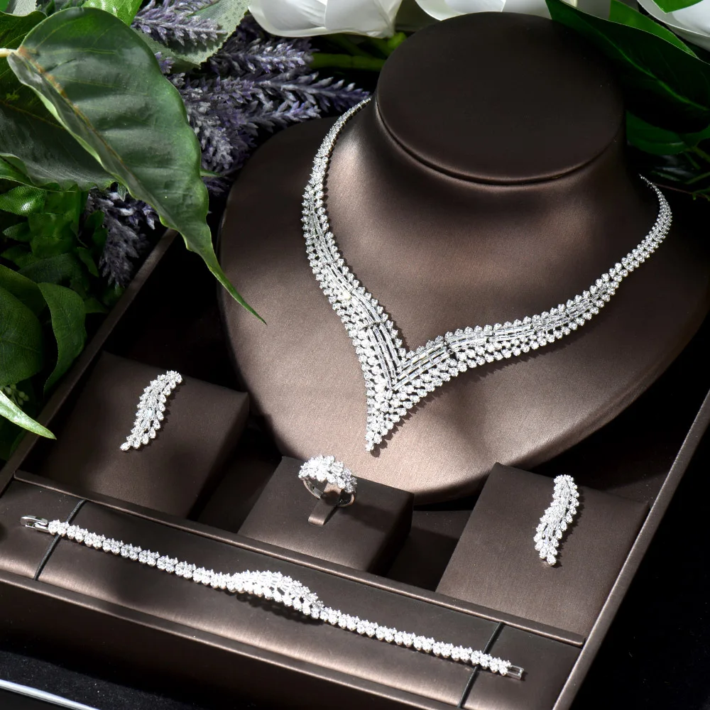 

HIBRIDE Big Luxury Geometric Dubai Nigeria 4pcs AAA Cubic Zirconia Wedding Dress Accessories Jewelry Sets for Women Party N-1138