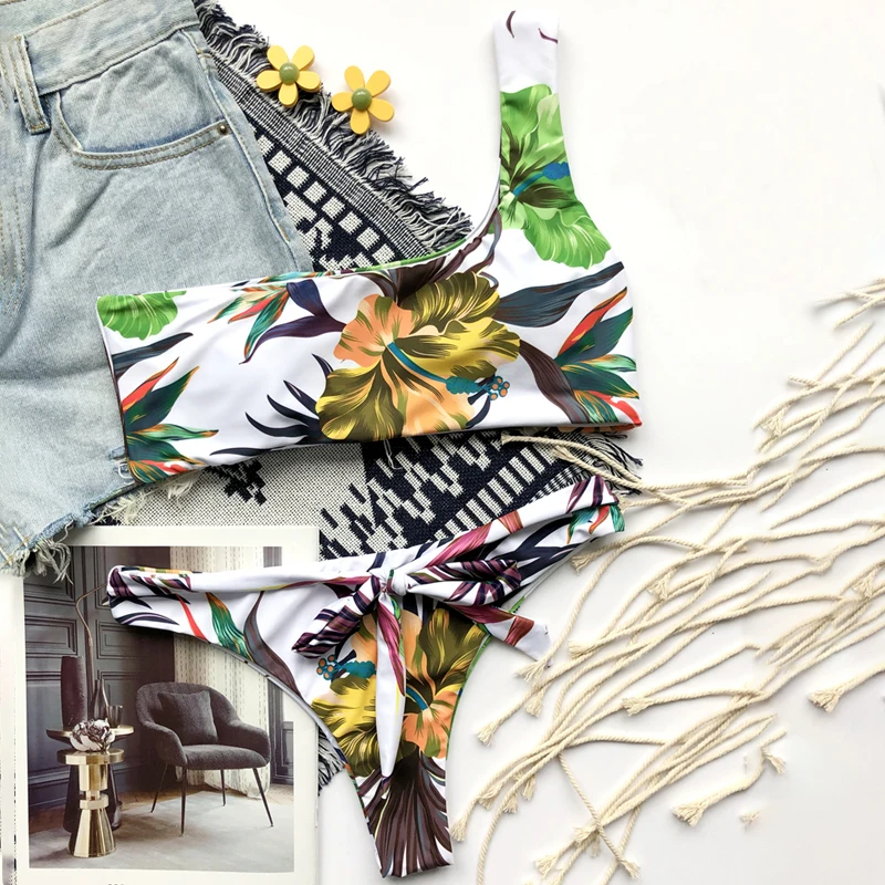 

High waist bikinis 2020 mujer Sexy flowers swimsuit women swimwear Vintage bandage bikini set One shoulder swimsuit bathing suit