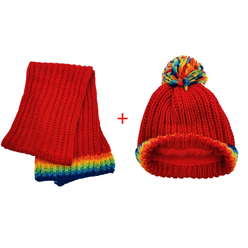 

C6UD 8-12Y Casual Red Cap Scarf Gradient Scarf Kids Cap Head Warmer Rainbow Scarf Winter Pom Pom Cap Knitted Beanie Warm Hat