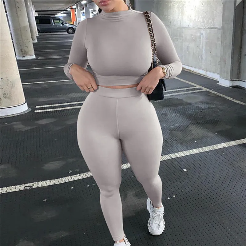 

2021 Winter Women Sport Fitness 2 Two Piece Set Outfits Long Sleeve Crop Tops T Shirt Leggings Pants Set Bodycon Tracksuit