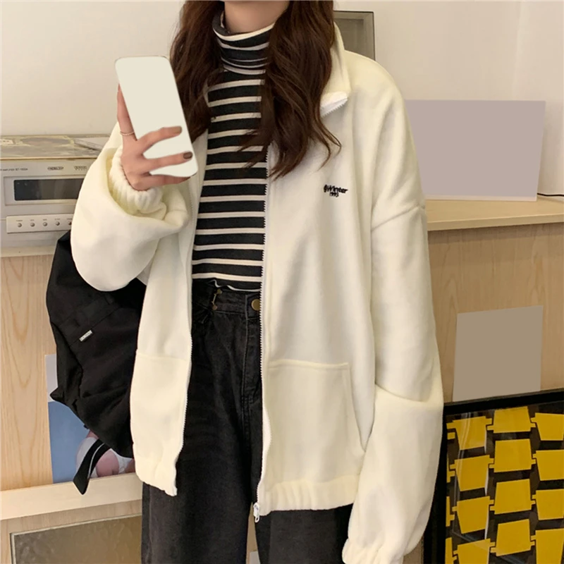 

Casual Loose Zipper Women Sweatshirt Fashion Letter Pockets Plus Velvet Sweatshirt Oversized Harajuku Streetwear Ladies Tops