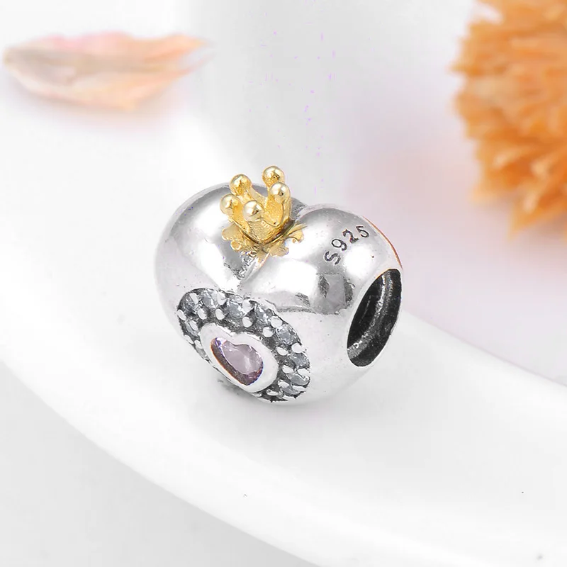Подвески из серебра 925 пробы розовые бусины в форме сердца принцессы с фианитом